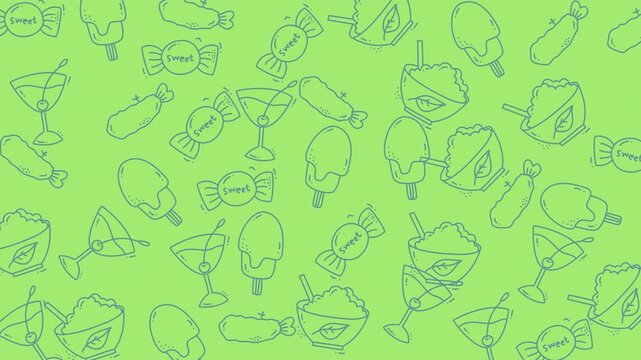 Food doodle light green background featuring whimsical sweets and desserts. Perfect for menu designs, cafe decor, and foodthemed projects. Cute doodle style dessert illustrations on a green background