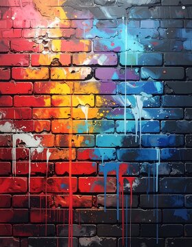 Colorful painted brick wall with abstract splashes of multiple hues