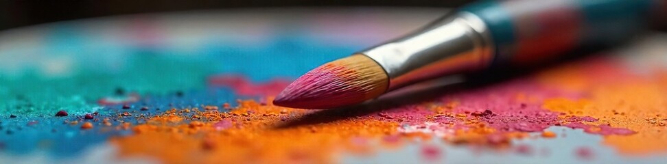 Oil Paintbrush on Palette, Ready for Artistic Creation - Vibrant Colors in Soft Natural Light
