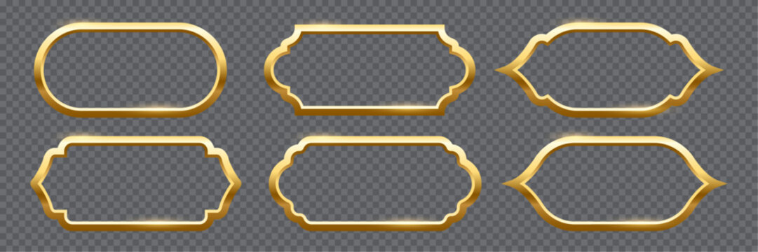 Islam frames. Arab, Indian, Turkish shapes set vector illustration. Isolated collection of Muslim golden frames of different shapes. Traditional vintage Arabians design elements.