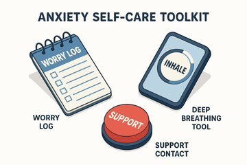 Anxiety self-care toolkit with worry log, deep breathing tool, and support contact