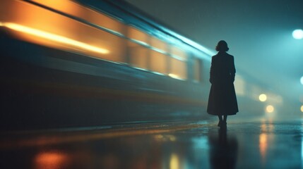 Figure of a girl standing on platform as a train passes by in the rain. Suitable for urban or moody concepts.