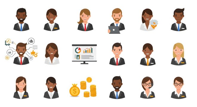 Diverse Business Professionals and Financial Icons Representing Success and Teamwork