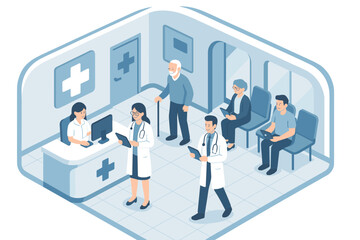 Isometric hospital reception with diverse patients and medical staff engaged in consultation