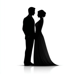 Elegant silhouette of bride and groom standing face to face in wedding attire, romantic couple illustration on white background symbolizing love, marriage, and unity
