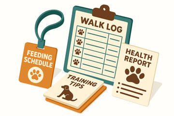 Pet care essentials: feeding schedule, walk log, training tips, health report icons