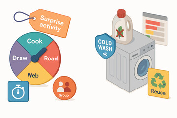 Conceptual illustration of household tips and creative activities for sustainability
