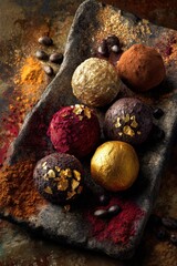 Fototapeta premium Luxurious Assorted Truffles with Gold Leaf on Stone Slab in Festive Lighting