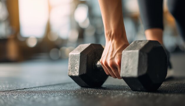 Woman Holding A Dumbbell Close Up On The Gym Floor. Focusing On Weight Lifting Goals And Bodybuilding, Showcasing Determination And Strength.