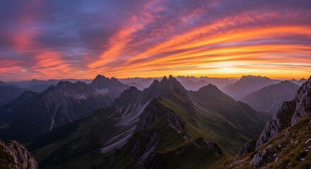 Obraz premium Dramatic Sunset Over Jagged Mountain Peaks with Fiery Orange and Purple Sky