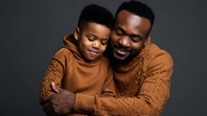 Obraz premium Father and son embracing each other wearing matching sweaters in a studio setting