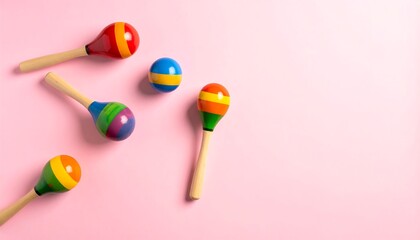 Colorful percussion instruments arranged on a plain pink background