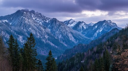 Obraz premium Breathtaking view of snow-covered mountains during dusk, surrounded by lush evergreen trees under a moody sky, creating a serene natural scene.