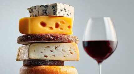 Stack of various types of cheese placed with wine glass pairing gourmet