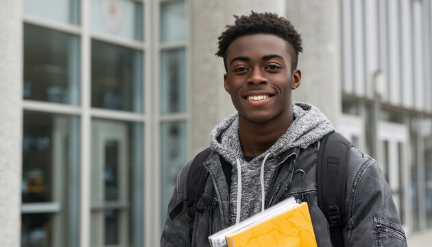 Smiling African American Student Young Man With Backpack And Notebooks At University Campus, Staring Front. High School Guy In Vertical Portrait.