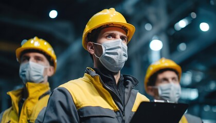 Fototapeta premium Collaborative Engineer In Uniform With Protective Mask Participating In Brainstorming Session At Industrial Factory. Group Meeting Of Workers.