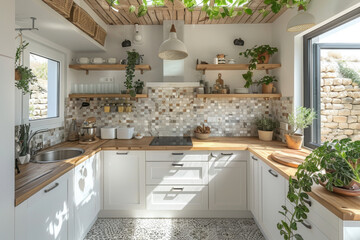 The cozy kitchen showcases tiny all-white shaker-style cabinets and natural wood accents. Lush plants adorn the shelves, creating a fresh and bright ambiance perfect for cooking and gathering