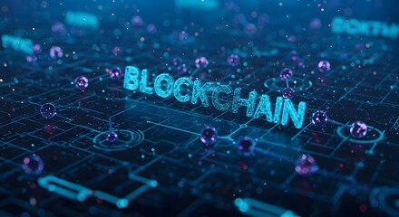 Digital Blockchain Network with Glowing Nodes and Futuristic Circuit Board Background