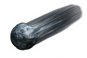 Meteoroid burning or speeding through space, showing asteroid or comet with a bright fiery trail. Render on transparent background
