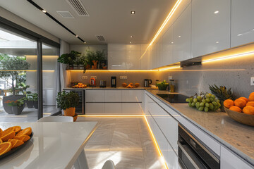 This small futuristic kitchen features sleek matte white cabinetry and bright LED lighting. Fresh fruits are displayed prominently, adding color to the modern space filled with greenery