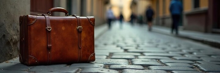 Worn Leather Suitcase on Cobblestone Street Vintage Travel Aesthetic, Ready for Adventure