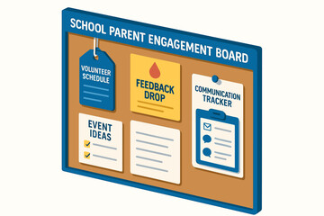 School parent engagement board with volunteer schedule and feedback drop