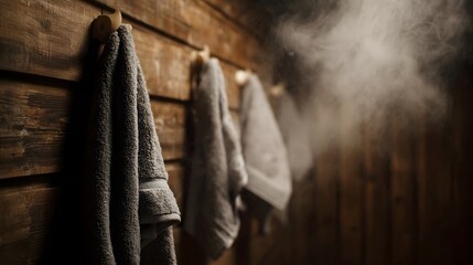 Rustic wooden sauna interior with steam rising and towels hanging on hooks