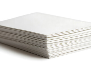 Stack of plain white sheets of paper on a white background, showing the many individual layers and the smooth, clean surfaces. Useful for office, printing or design contexts.