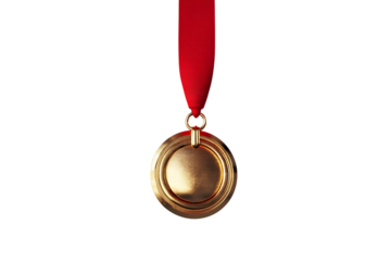 Gold medal with red ribbon on transparent background
