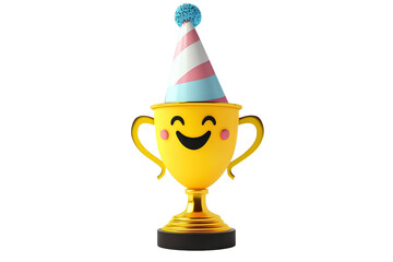 3d rendering of golden trophy cup with party hat on transparent background