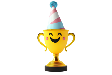3d rendering of golden trophy cup with party hat on transparent background