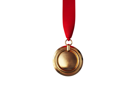 Gold medal with red ribbon on transparent background