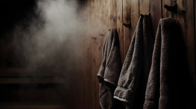 A steamy wooden sauna interior with three plush towels hanging on hooks