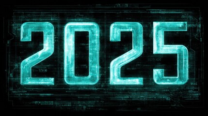 Numbers depicting the year 2025 glow in teal against a dark, technology-inspired background, highlighting a theme of the future and digital advancements.