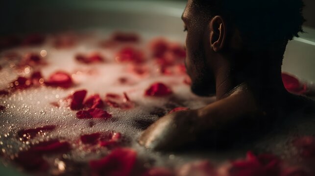 A man relaxes in a luxurious bubble bath adorned with floating red rose petals
