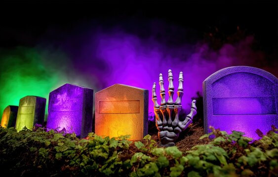 A foggy Halloween graveyard features colorful tombstones and eerie lighting, as a skeleton hand emerges from the ground, evoking spookiness