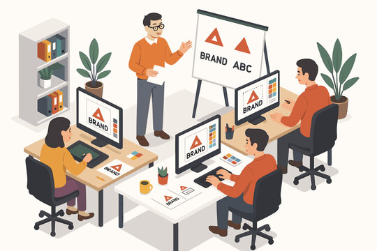 Caucasian adult team in office meeting for branding strategy workshop