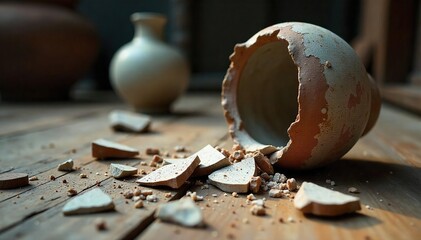 Close-up of a Shattered Ceramic Vase Broken Pieces Scattered on a Wooden Floor, Depicting Fragility and Destruction