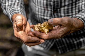 Elderly man's hands holding gold nugget.