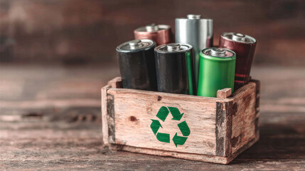 Battery recycling wooden box with green symbol environmental sustainability