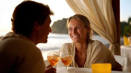 Obraz premium Couples indulge in premium cocktails at a beachfront restaurant in Costa Rica, enjoying the sunset glow and each other's company