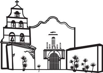 Mission San Diego de Alcal&aacute; church. Black and white graphics on a white background