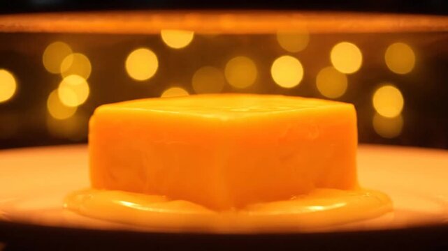 Orange gelatin dessert on a white plate with bokeh lights