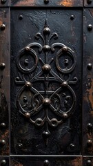 Ornate, weathered, iron door detail with symmetrical scrollwork design