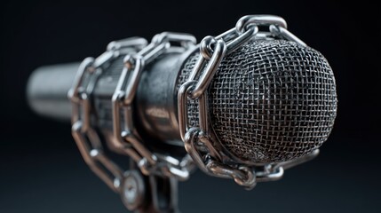 Classic microphone locked in chains symbolizing censorship and silenced speech