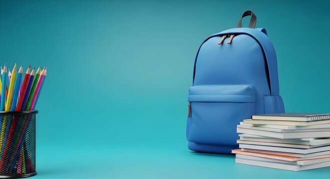 Back to school blue backpack with books and pencils. - Powered by Adobe