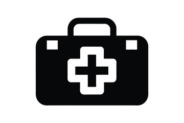 Fototapeta premium Black silhouette of a medical first aid kit with a white cross symbol isolated on white background