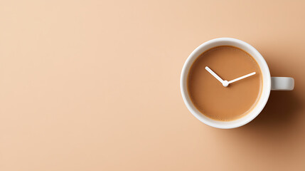 A coffee cup clock against a peach backdrop symbolizes time for a break. The simple design and neutral tones evoke calm and encourage slowing down to enjoy the moment.