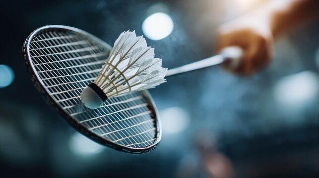 Badminton smash close-up racket shuttlecock sports action dynamic athletic competition