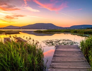 Calm waters reflect the vibrant colors of a stunning sunset